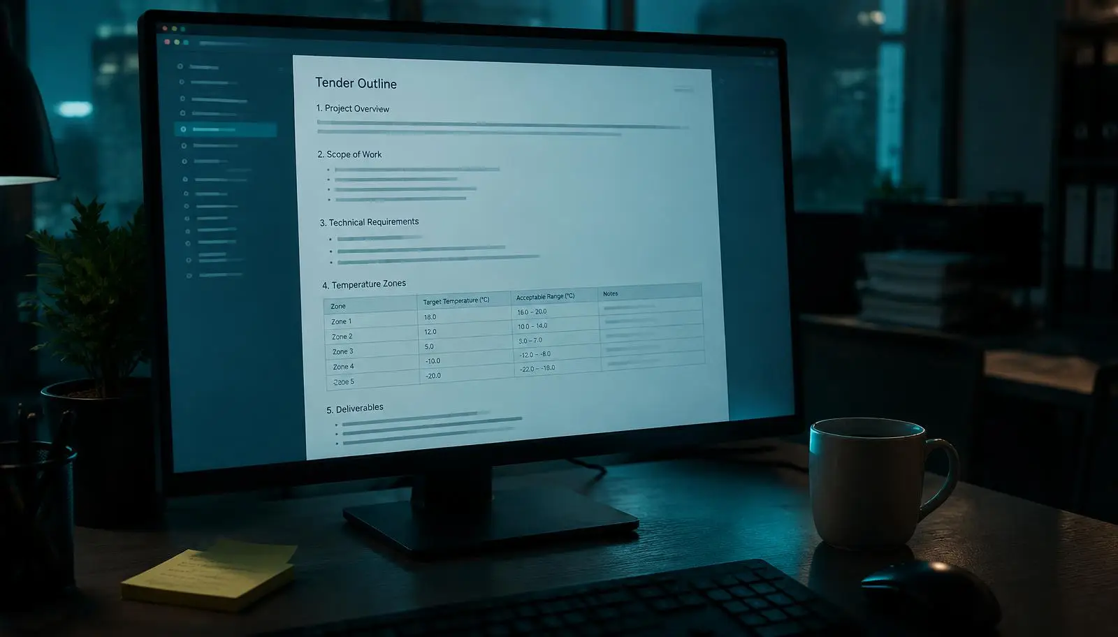 Computer screen displaying a tender outline with temperature zones, on a dark desk.