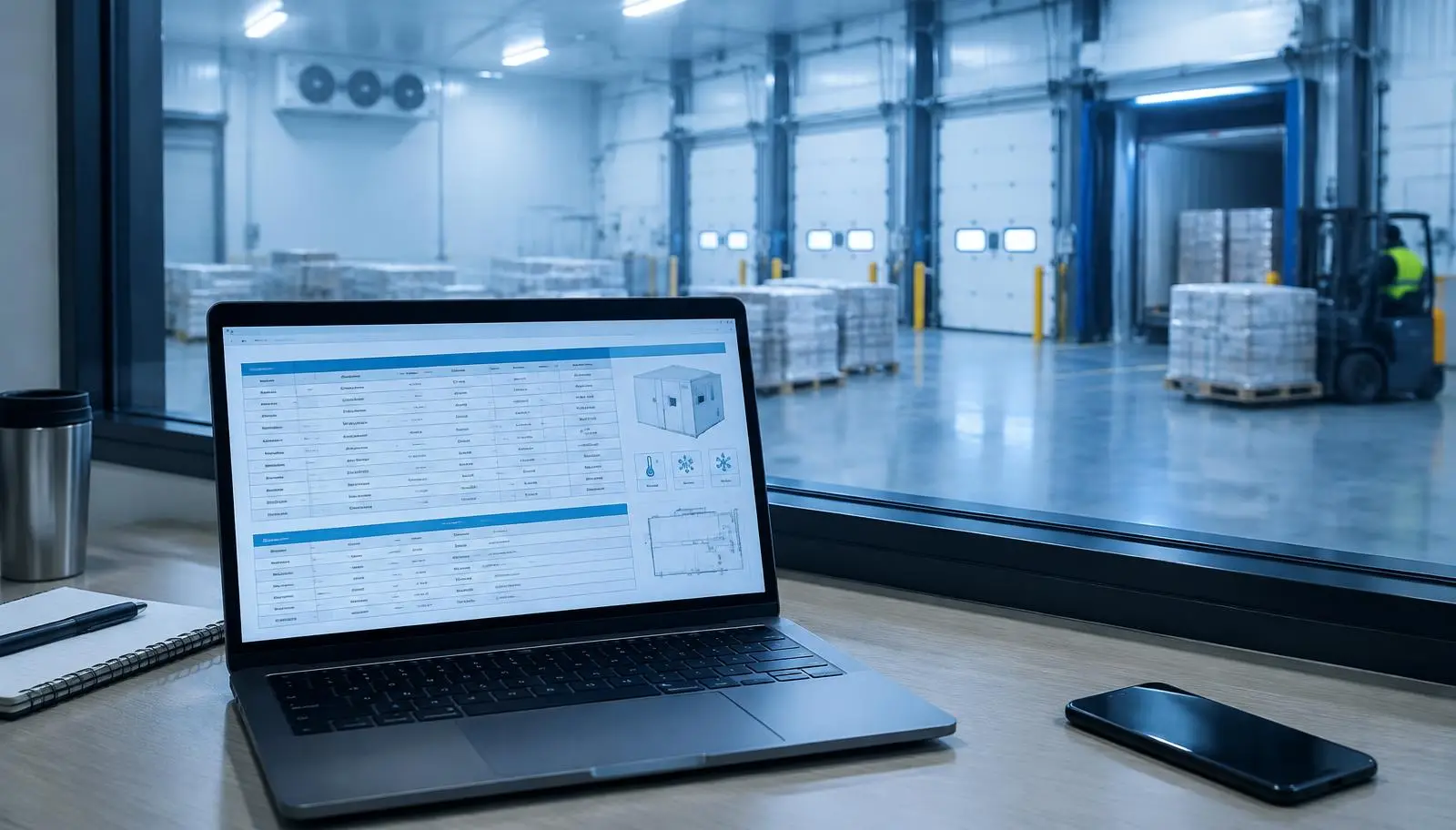 Laptop with data and cold storage diagram, overlooking a large warehouse loading dock.