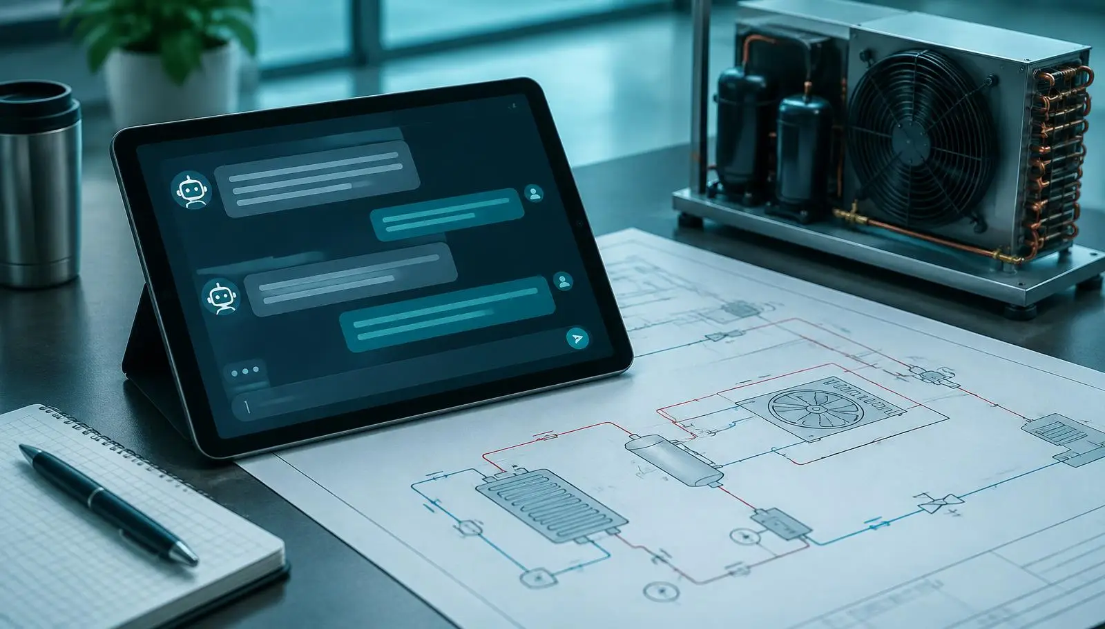 Tablet displaying chatbot conversation, engineering blueprint, and refrigeration unit on a table.