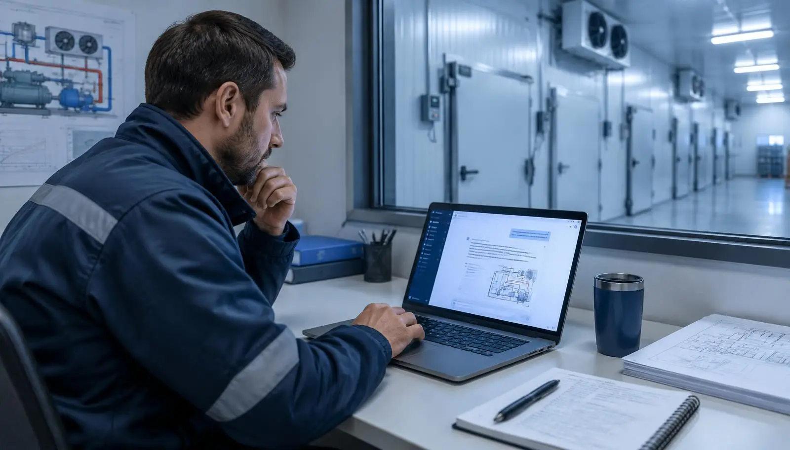 Man working on laptop with refrigeration diagrams, looking out at cold storage units.