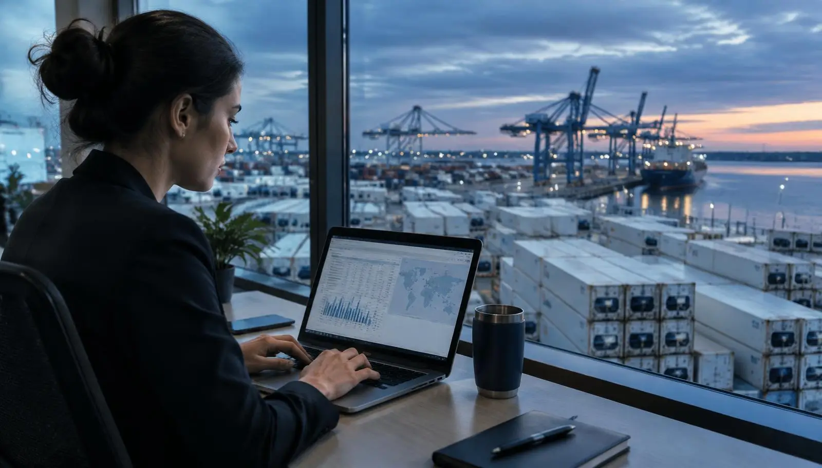 Person working on laptop overlooking port with containers and cranes at dusk.
