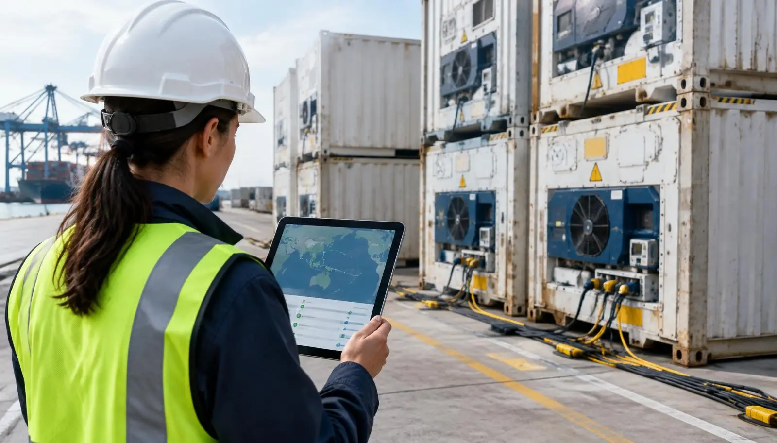 Person in hard hat with tablet overlooking refrigerated shipping containers at a port.