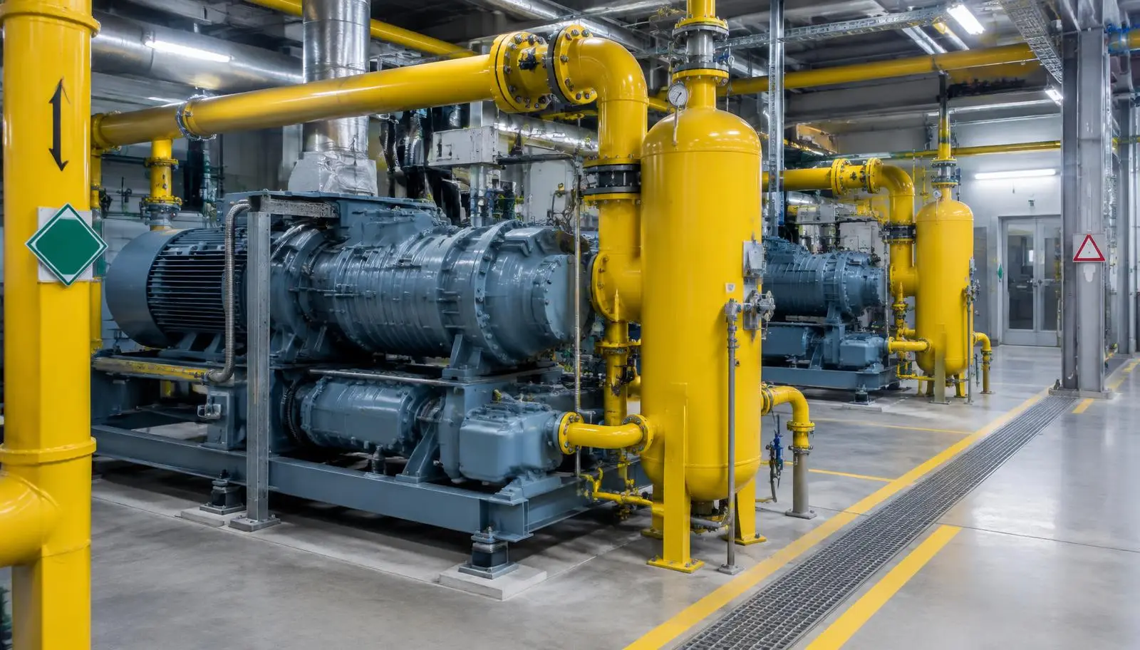 Industrial compressors with yellow pipes and tanks in a large facility.