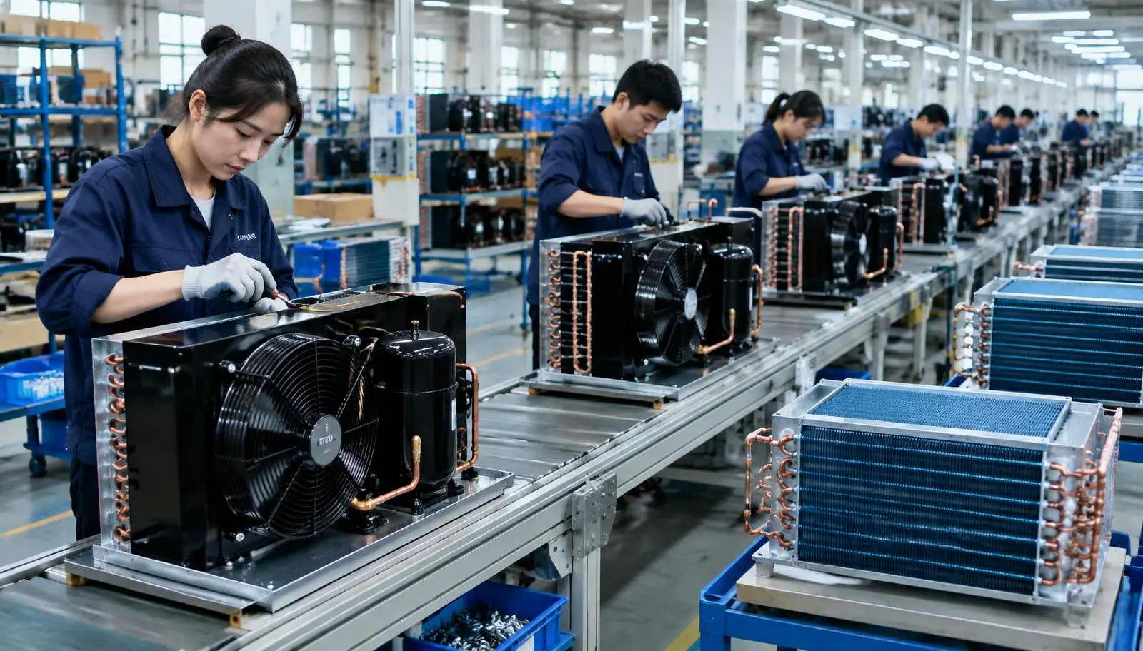 Workers assembling industrial refrigeration units and evaporator coils on a factory line.
