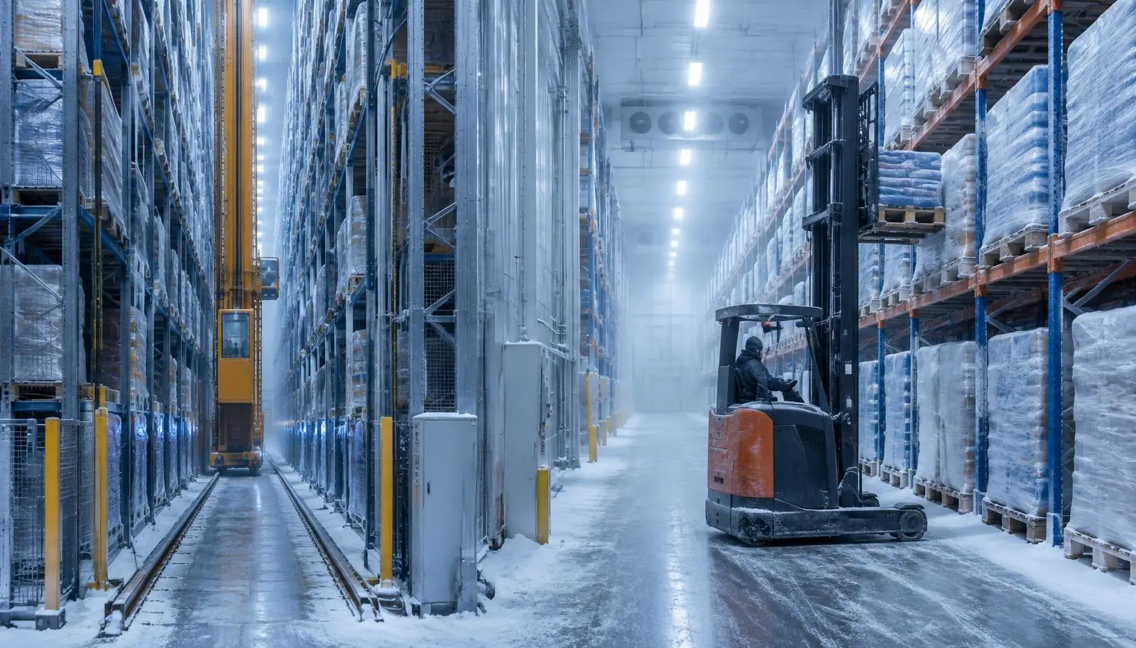 Automated storage and retrieval system, forklift, and packed pallets in a cold warehouse.