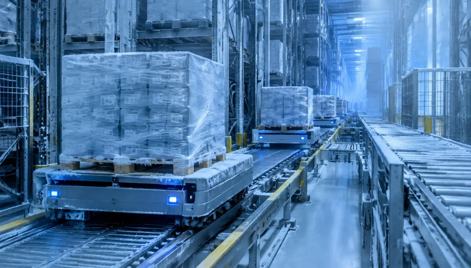 Automated guided vehicles transporting palletized goods in a frosty cold storage warehouse.