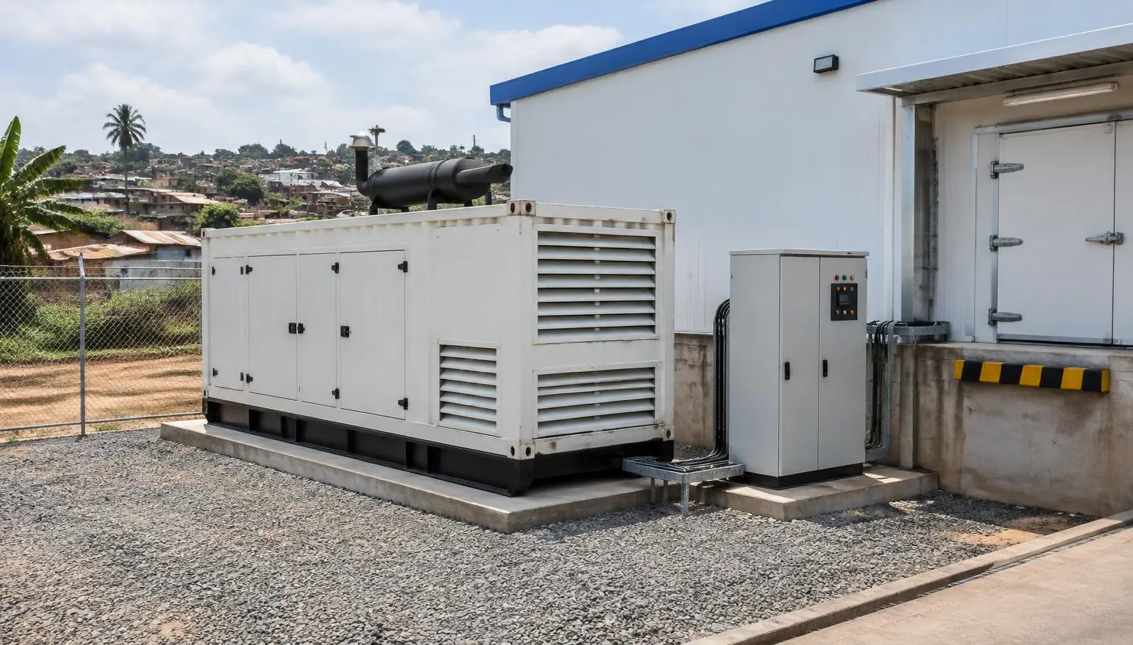 Generator and electrical panel outside a cold storage building with loading dock.