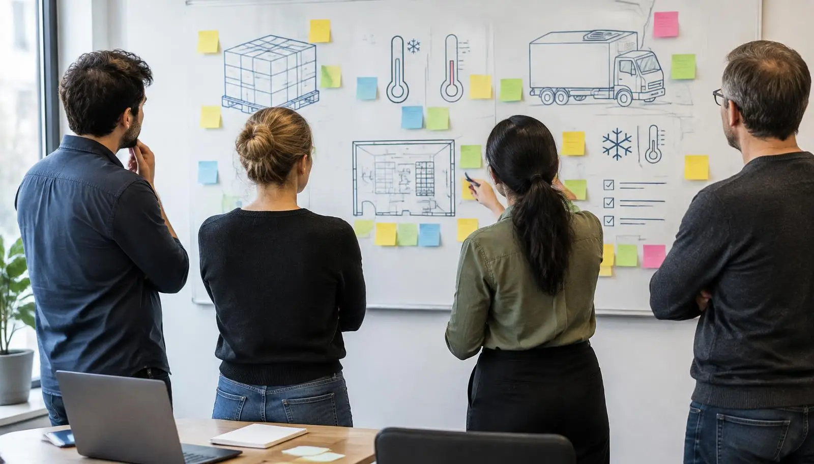 Four people discussing cold chain logistics drawings and sticky notes on a whiteboard.