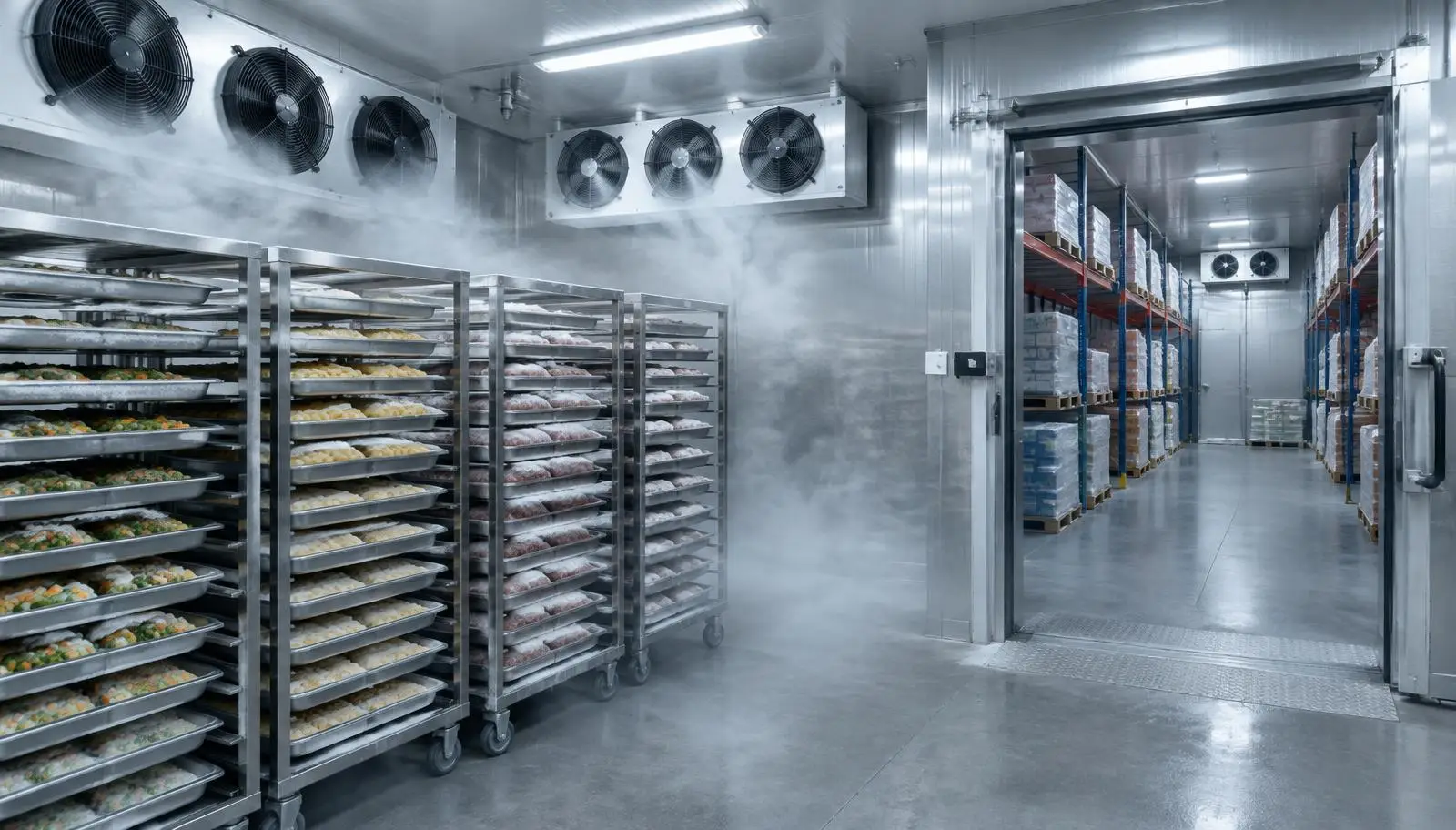 Cold room interior with food trays on racks and a palletized cold storage area.