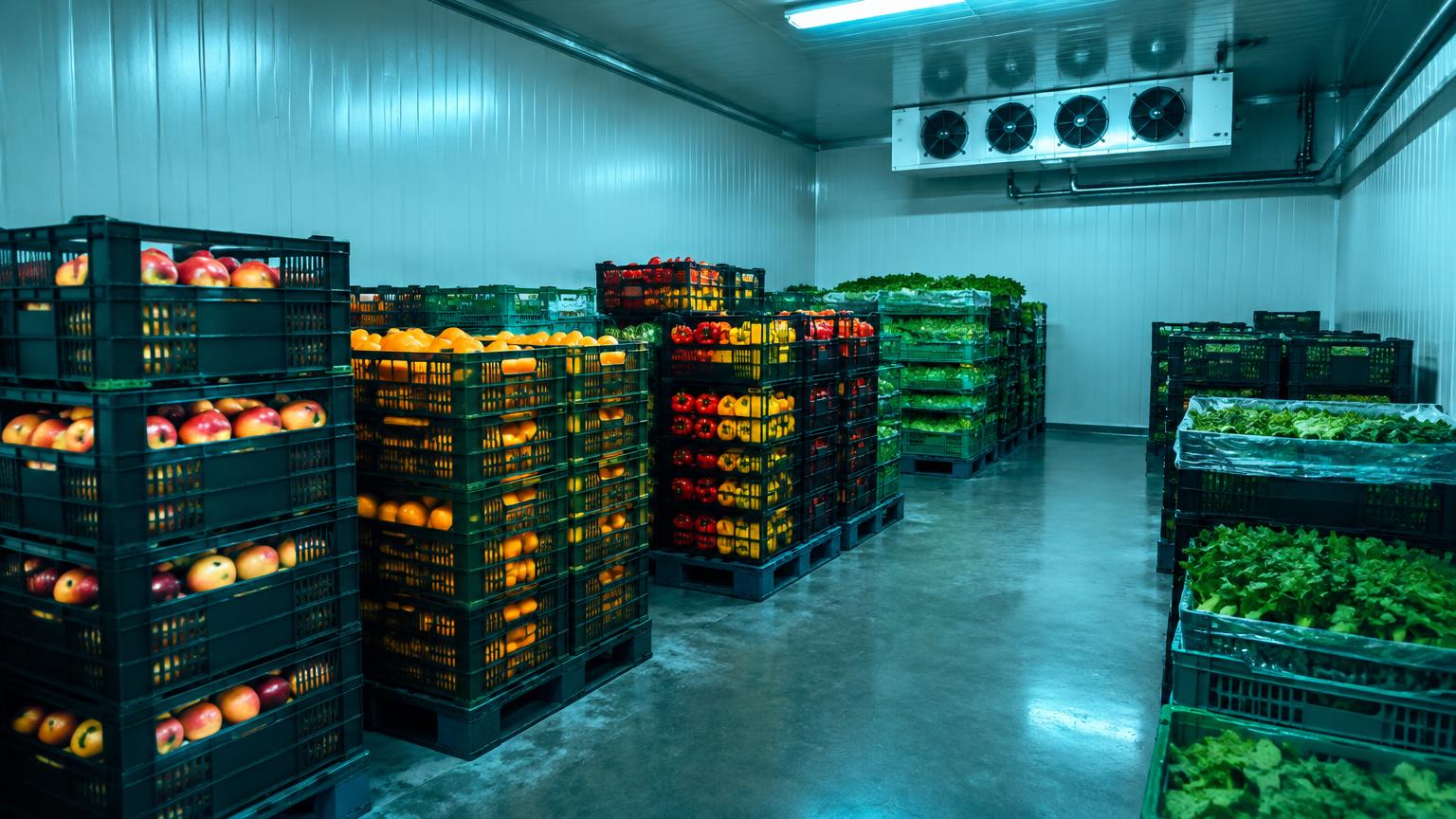 Cámara frigorífica poscosecha con cajas de manzanas, cítricos y hortalizas bajo iluminación fría