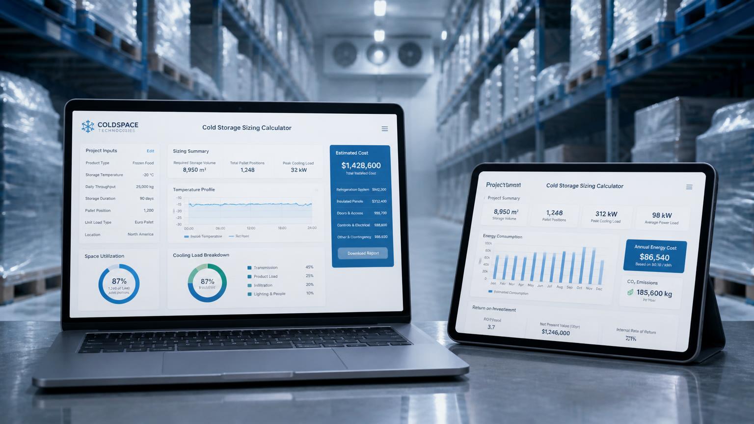 Laptop and tablet showing a cold storage sizing calculator with cooling load, cost and energy results