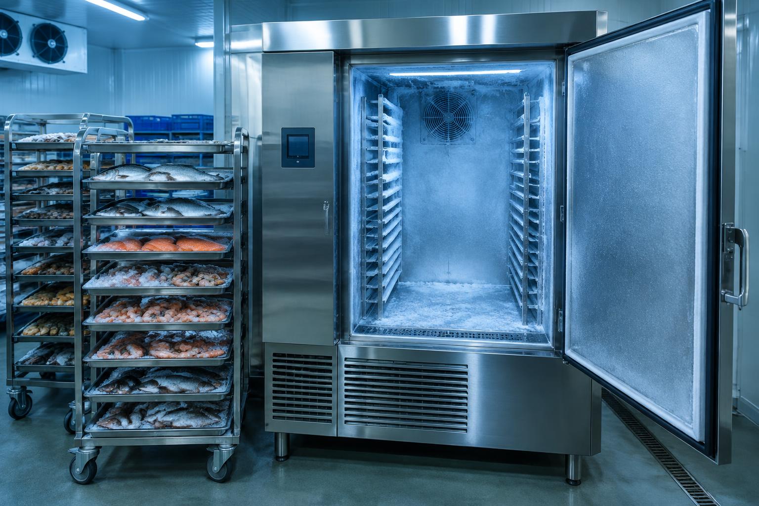 Blast freezer cabinet installed inside an existing cold storage facility with trolleys of product