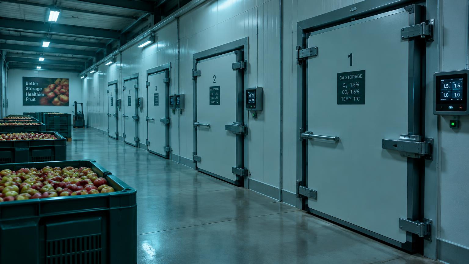 Fila de cámaras herméticas de atmósfera controlada para frutas con puertas selladas en una central hortofrutícola moderna.