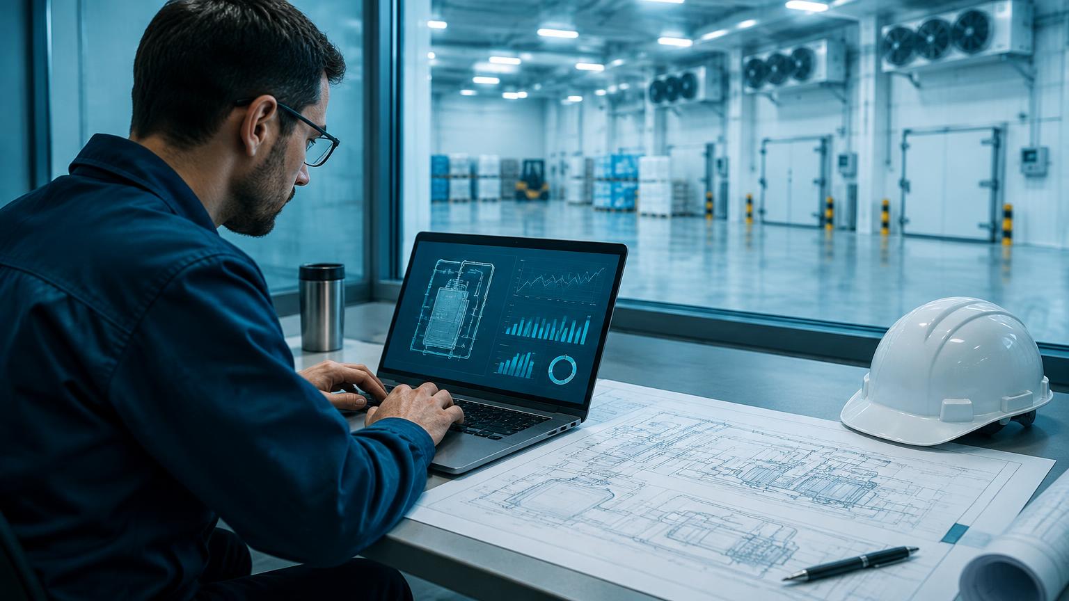 Engineer using a cold storage cooling load calculator on a laptop beside refrigeration drawings