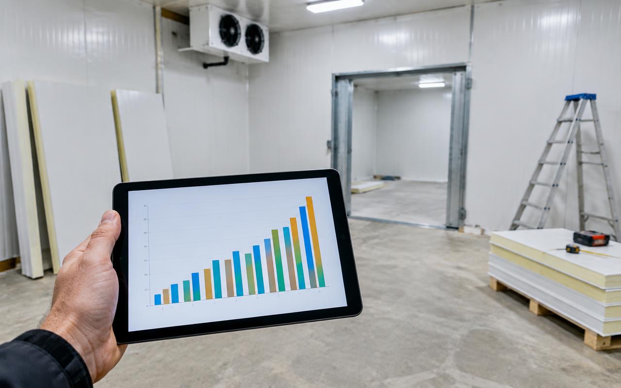 Tablet showing a cooling load breakdown chart in a cold room under construction