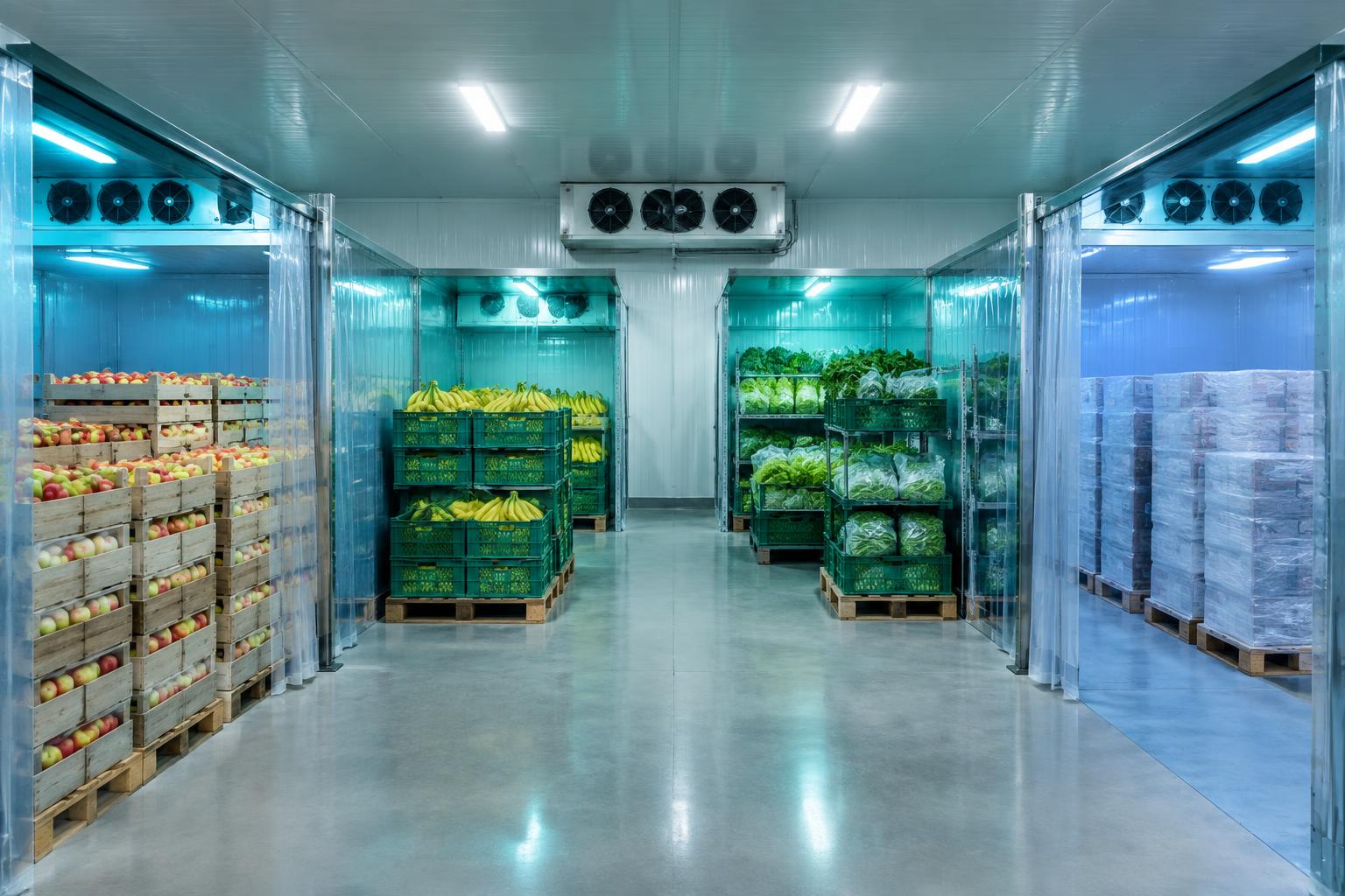 Cold-room planning diagram showing separate chilled produce, tropical produce and frozen storage zones