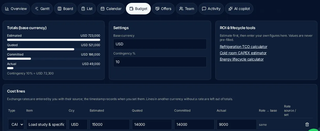 ColdMatch Budget view with CAPEX and OPEX lines and Estimated, Quoted, Committed and Actual fields
