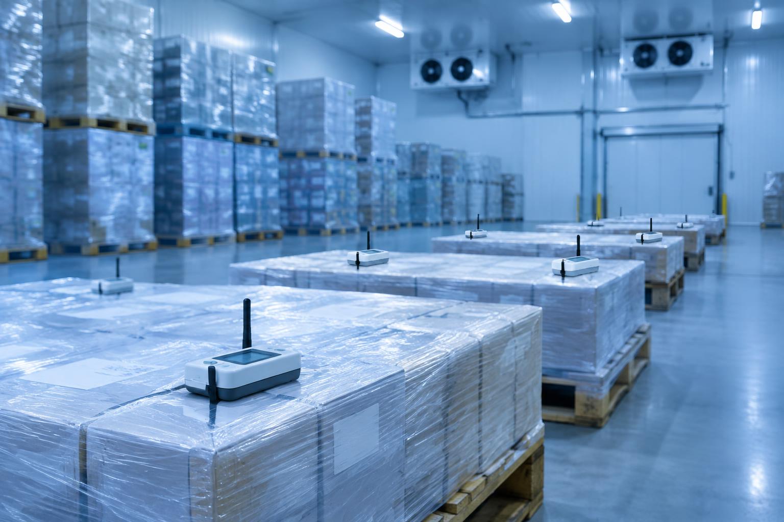 Wireless temperature data loggers placed on pallets across a cold store for a mapping test