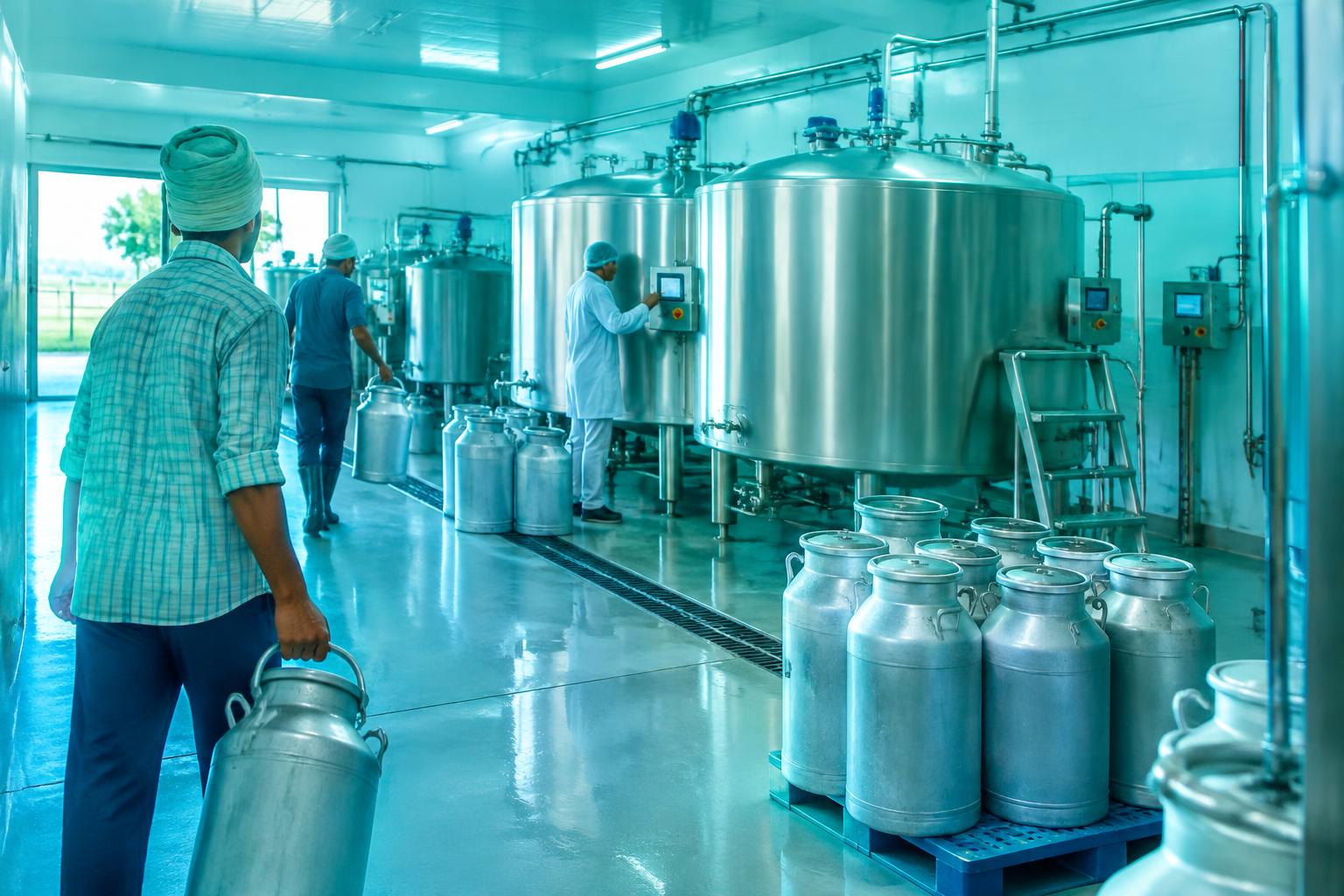 Bulk milk cooling tanks and hygienic transfer piping at a dairy collection centre