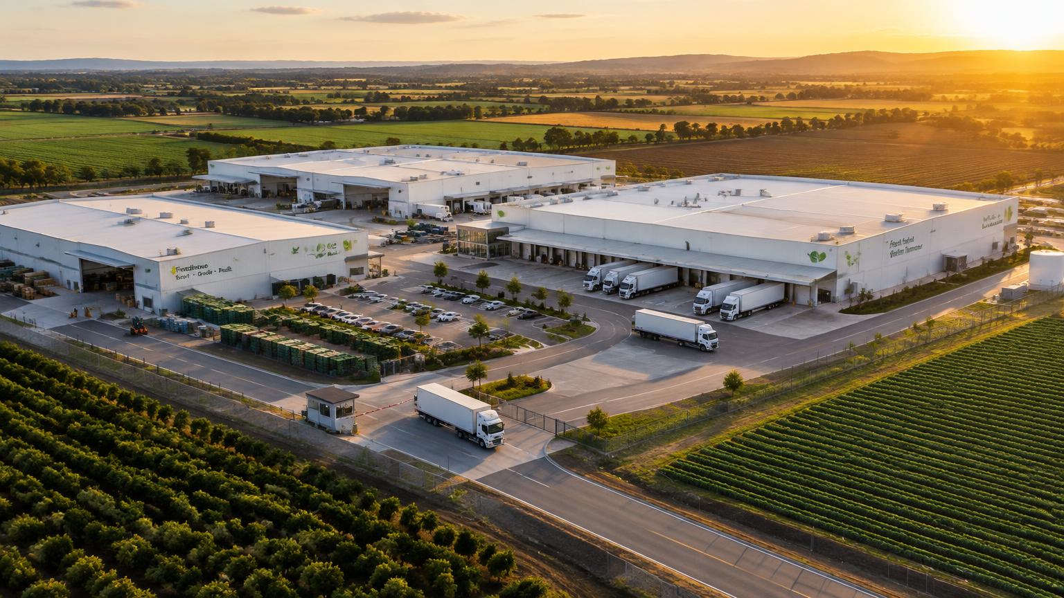 Aerial view of an agri-food logistics hub with refrigerated warehouses, packhouses and truck docks.