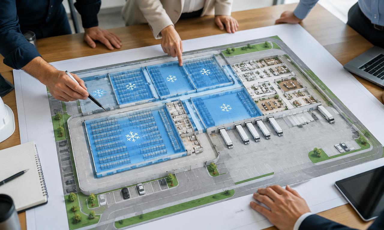 Project team reviewing a facility layout plan with cold storage zones highlighted on a table.