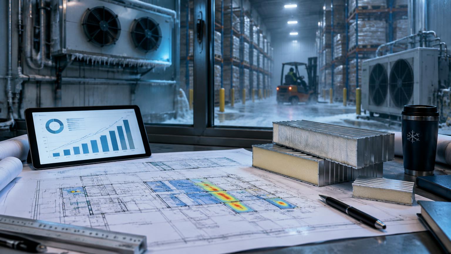 Cold storage engineering floor plan with heat-load overlay, insulated panel samples and refrigeration units in a refrigerated warehouse