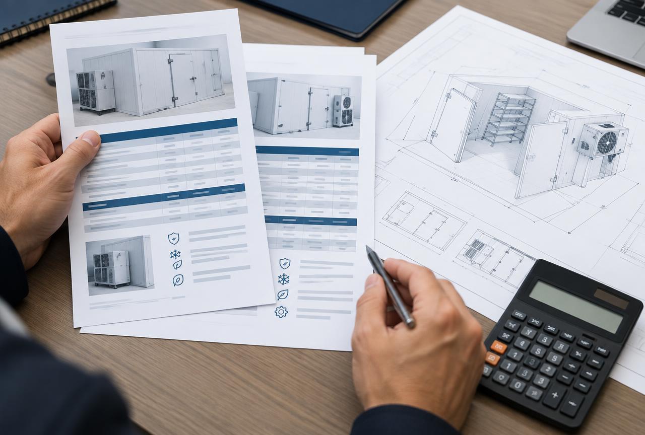 Hands comparing printed cold room supplier proposals with a calculator and drawings