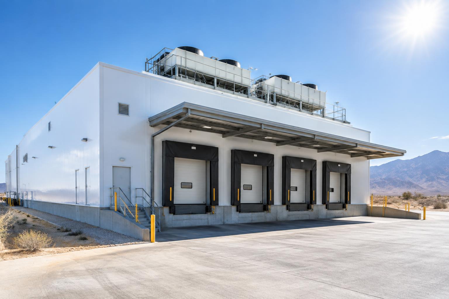Modern white cold storage facility with shaded loading docks in a hot desert climate