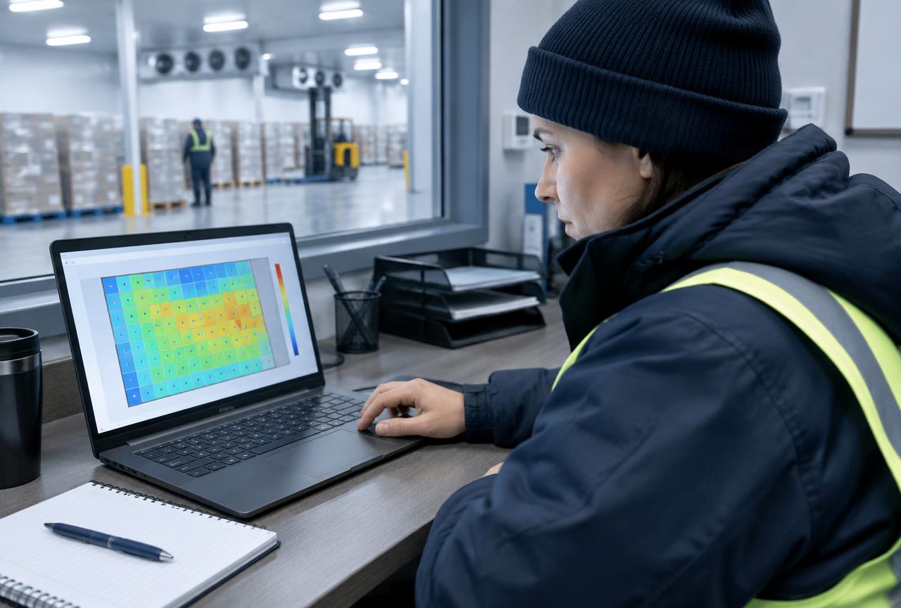 Quality manager reviewing a temperature mapping heat map on a laptop