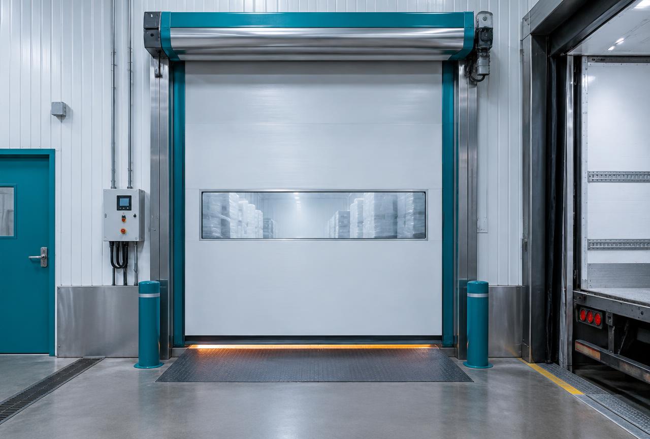 High-speed insulated freezer door with heated threshold at a cold store loading area