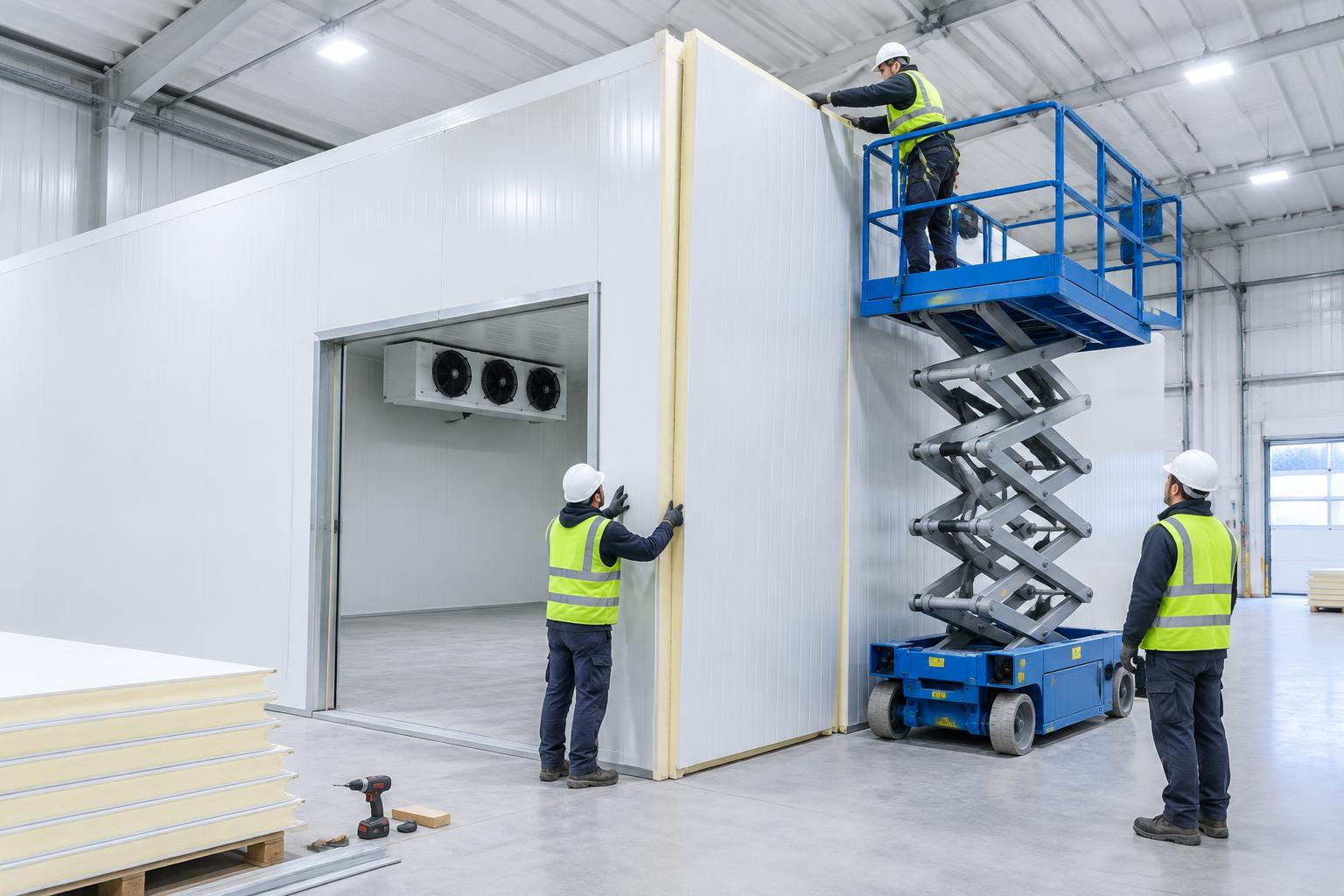 Workers installing insulated sandwich panels for a new industrial cold room