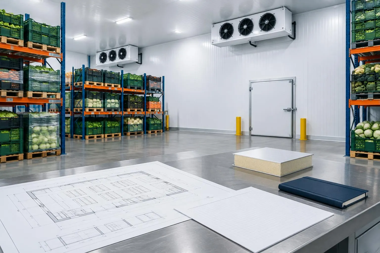 Cold-storage interior with engineering drawings, an insulation sample and a planning notebook