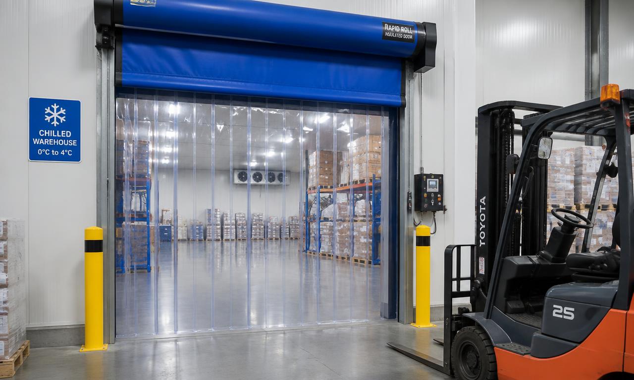 Rapid-roll insulated dock door with strip curtain at the entrance of a chilled warehouse.
