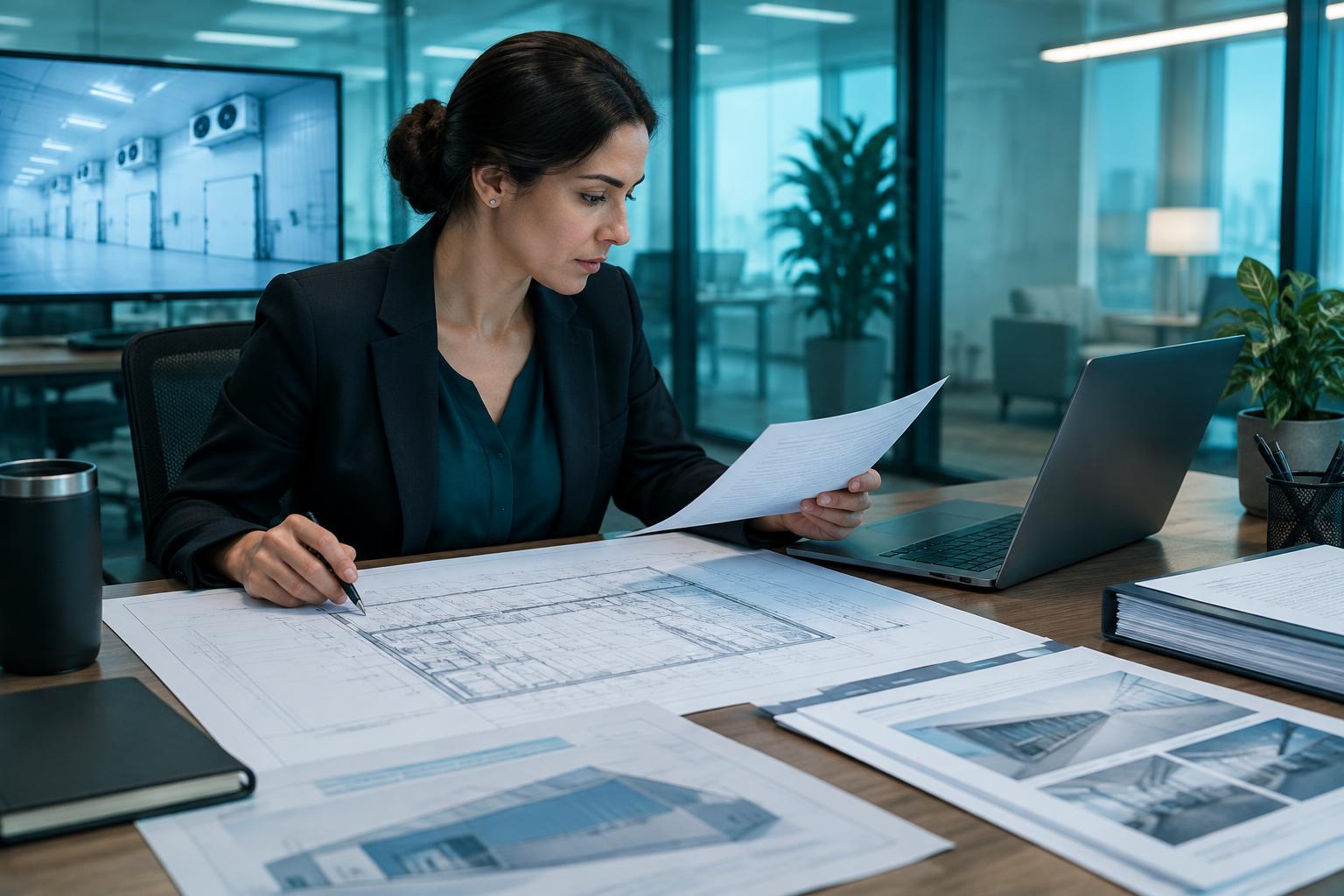 Procurement specialist reviewing cold storage drawings and supplier proposals at a desk