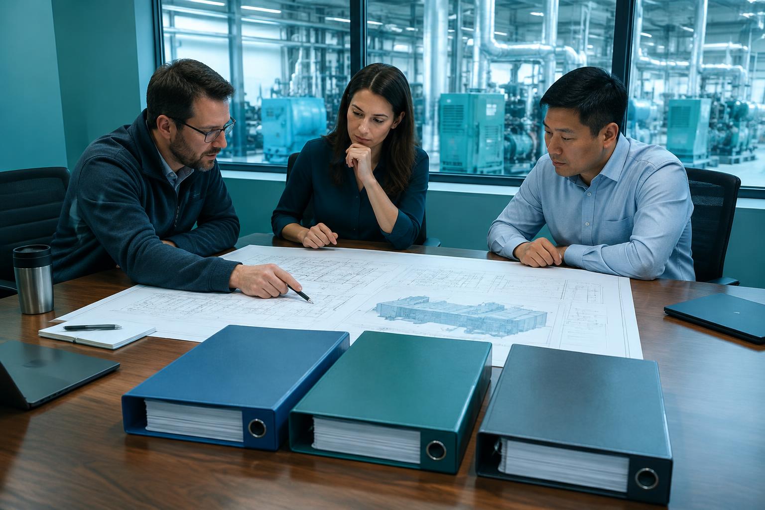 Procurement manager and engineer reviewing a cold-chain project brief and supplier proposals