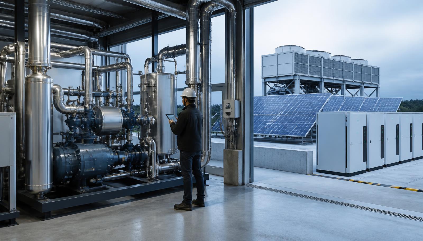 CO₂ transcritical refrigeration plant room with rooftop gas cooler, solar array and battery storage