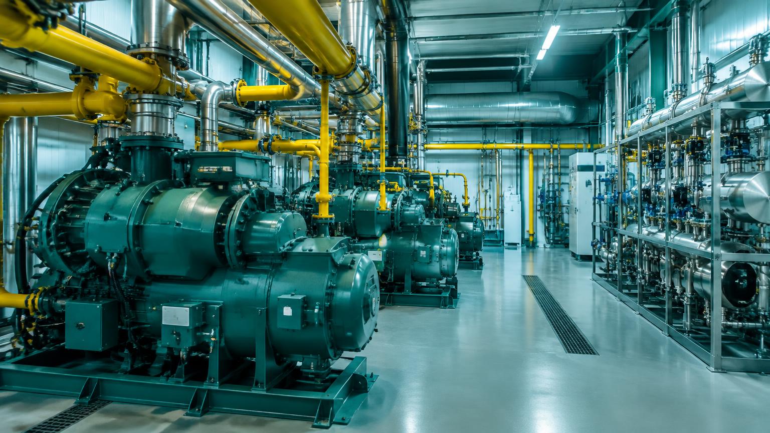 Sala de máquinas de refrigeración industrial con amoníaco y CO₂, compresores y tuberías de acero inoxidable