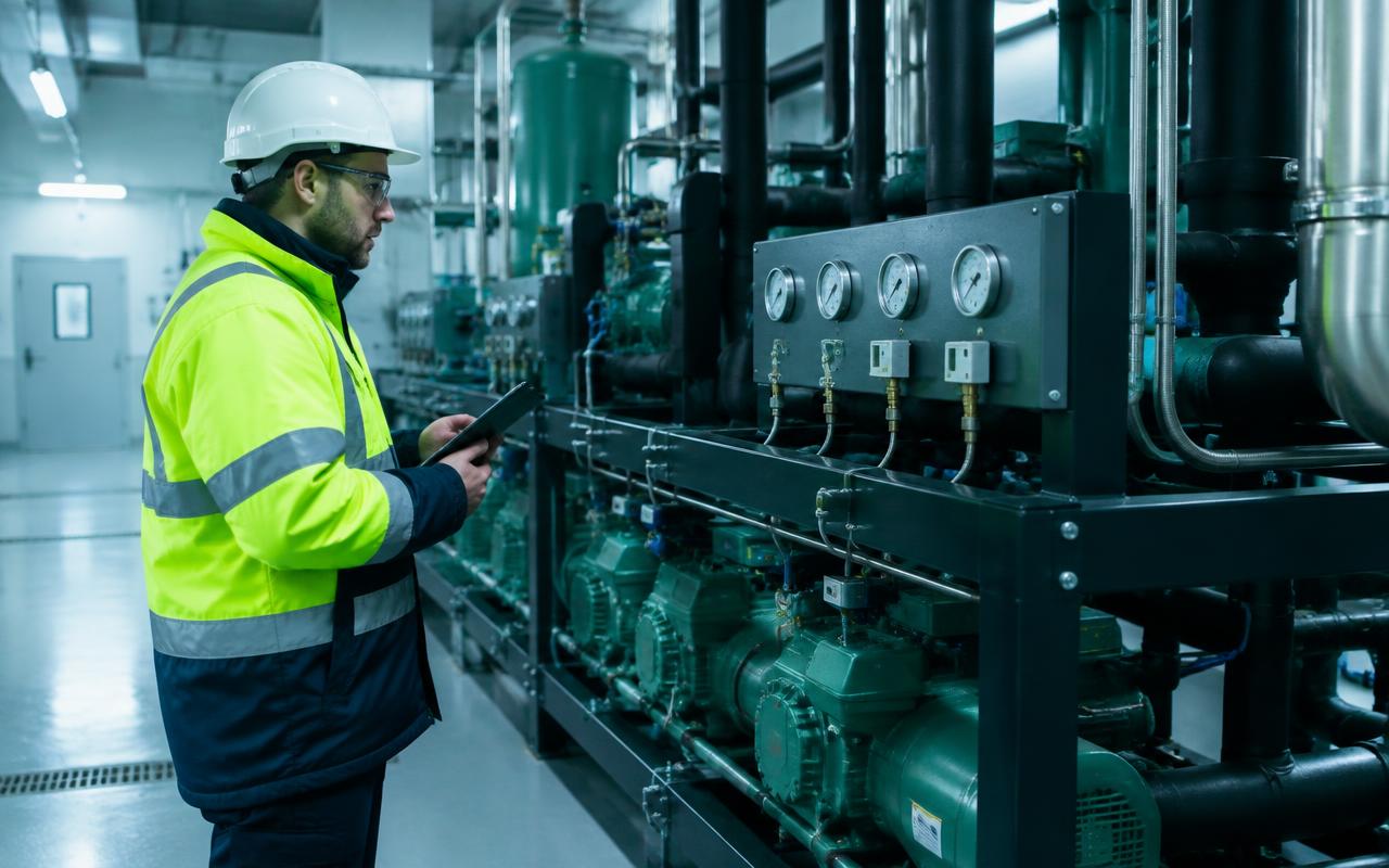 Engineer reviewing a CO₂ transcritical rack in a cold storage plant room