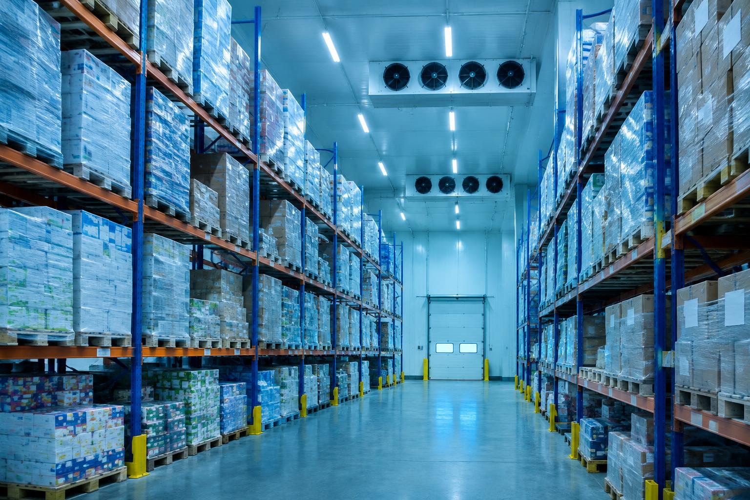 Frozen cold storage pallet racking with refrigeration equipment and an industrial loading area