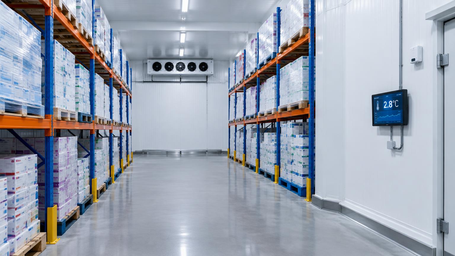 Almacén frigorífico farmacéutico conforme a GDP con palés en estanterías y monitorización de temperatura
