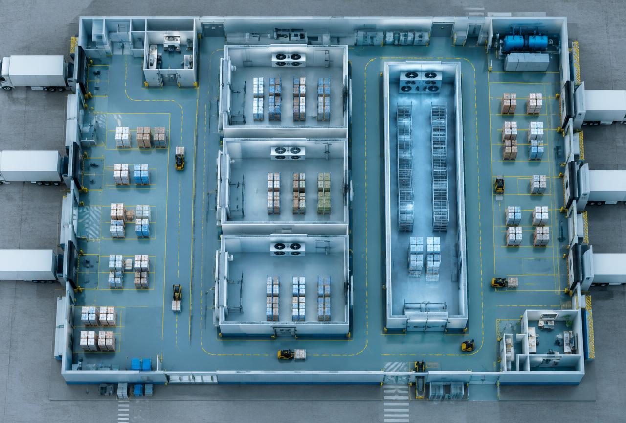 Cold storage warehouse floor plan showing receiving dock, cold chambers, blast freezer and dispatch area