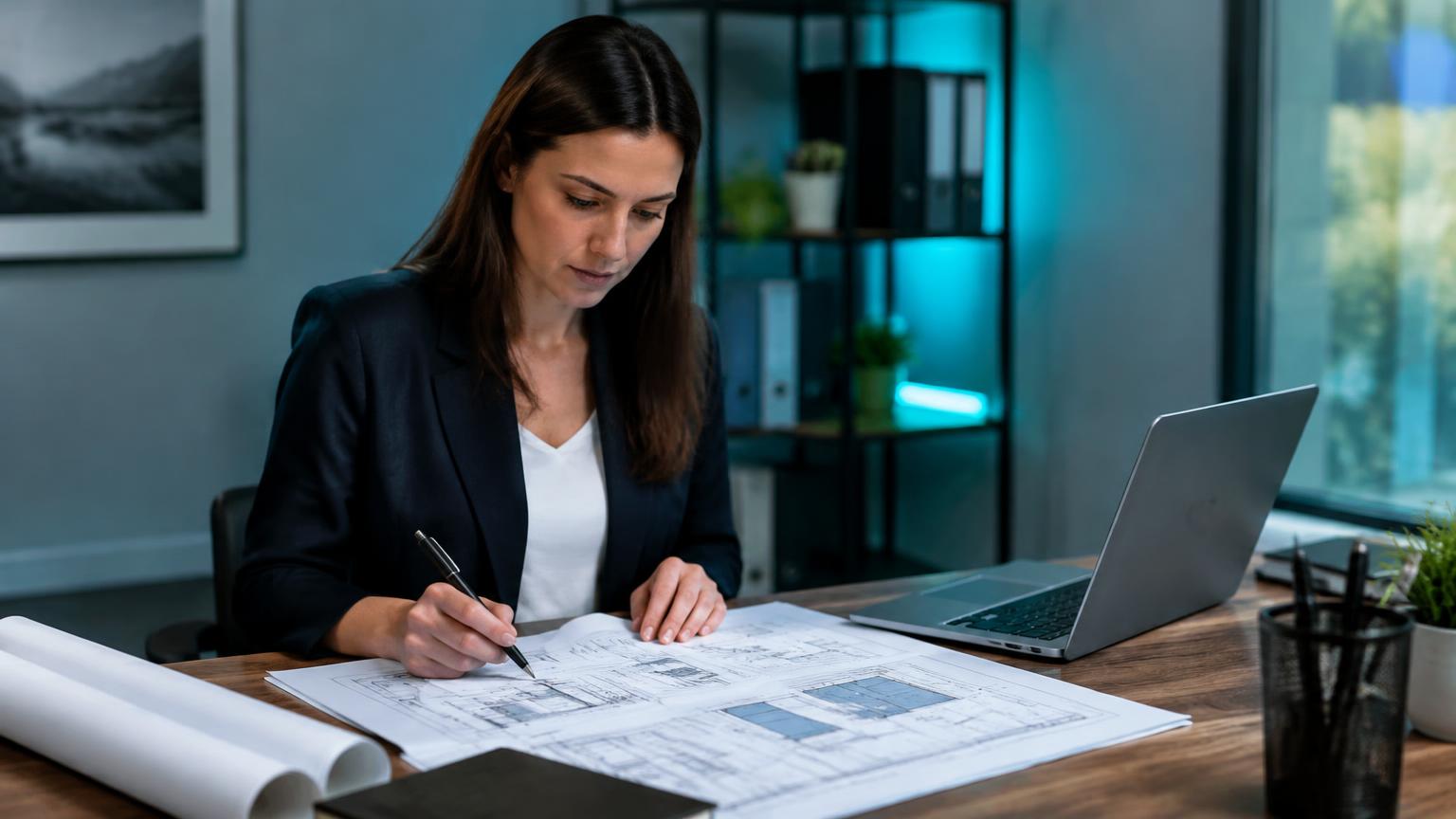 Especialista en compras revisando la ficha de un proyecto de almacenamiento frigorífico con planos y propuestas de proveedores