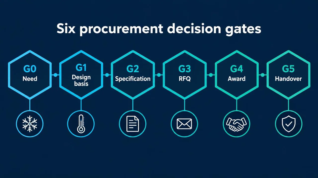 Six decision gates linking project need, design basis, specification, RFQ, award and handover