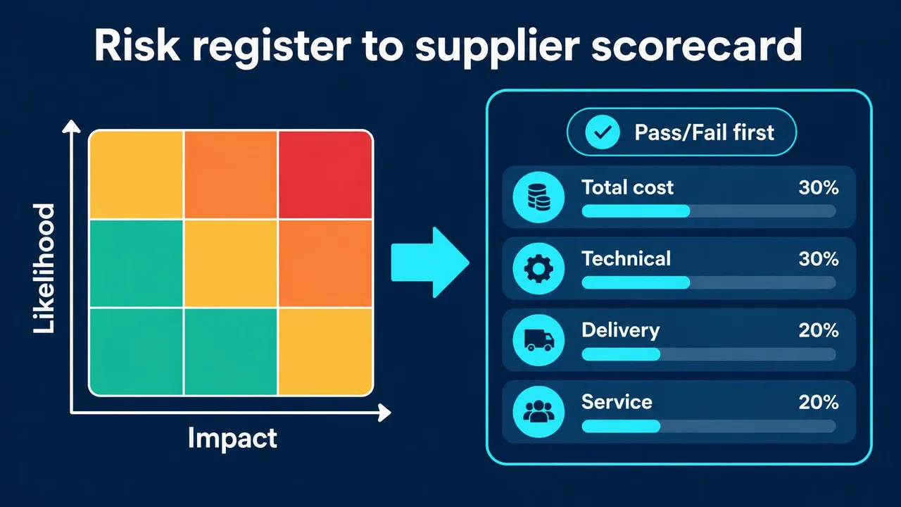 Illustrative supplier scorecard separating mandatory checks from weighted evaluation