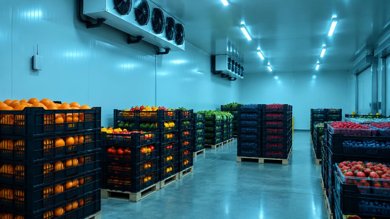 Produce cold room with crates of oranges, peppers and berries on pallets, ceiling evaporators and a wall temperature sensor