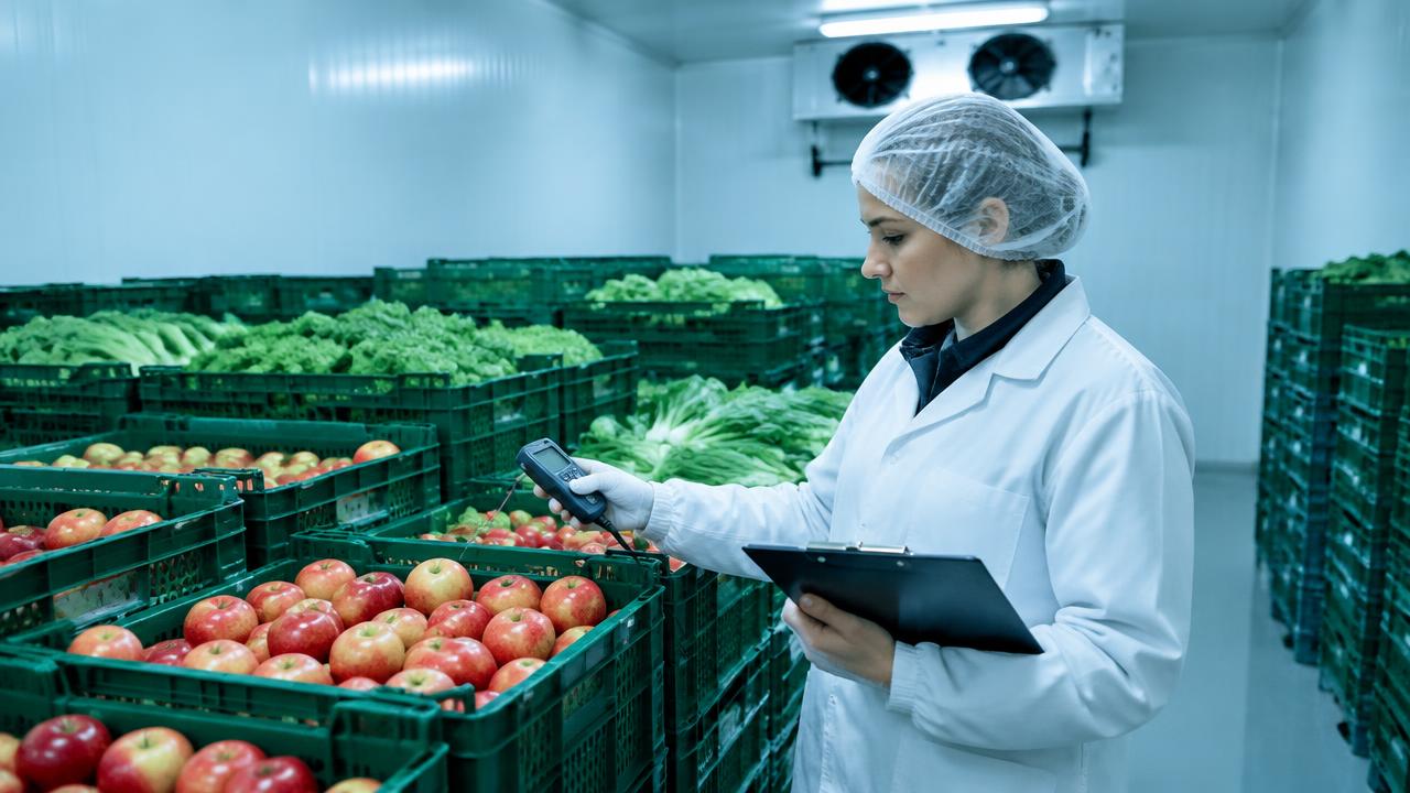 Quality inspector checking apples and leafy greens in a cold room with a handheld temperature logger