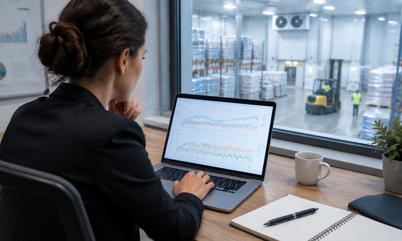 Project manager comparing lifecycle cost charts on a laptop in a cold storage office.