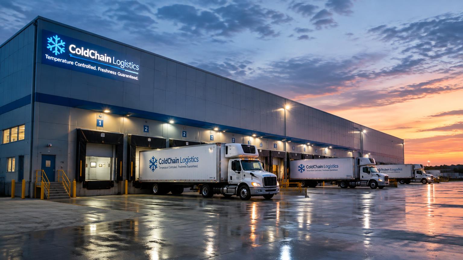Modern refrigerated warehouse exterior at dusk with loading docks and trucks.