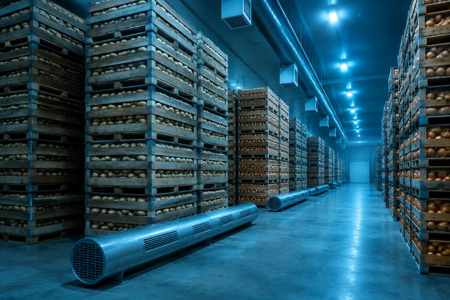 Large ventilated potato and onion storage hall with wooden bulk boxes and floor air ducts