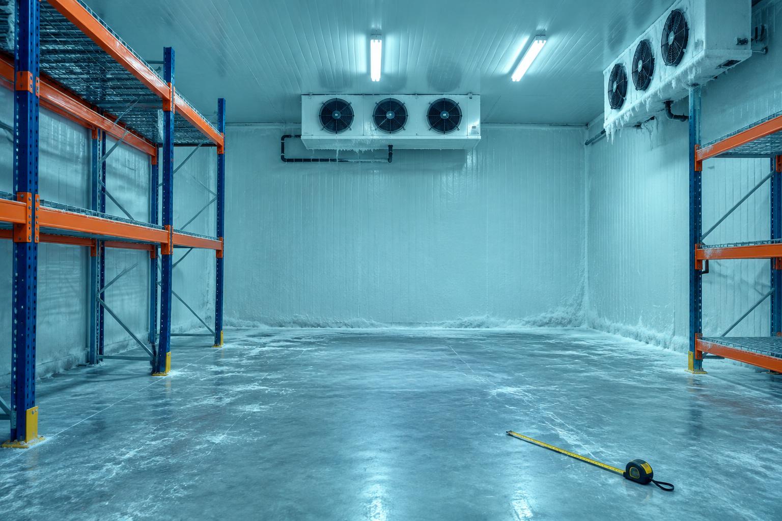 Empty cold room with pallet racking, ceiling evaporators and a measuring tape on the floor
